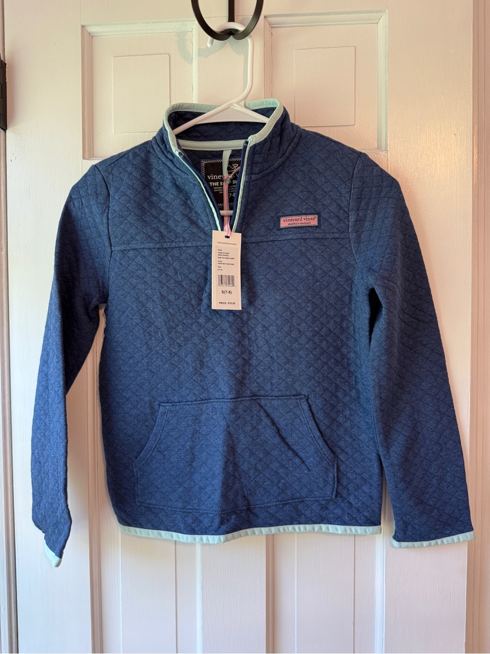 NWT Vineyard Vines Girls' Quilted Half-Zip Pullover - Blue/mint Size 7-8